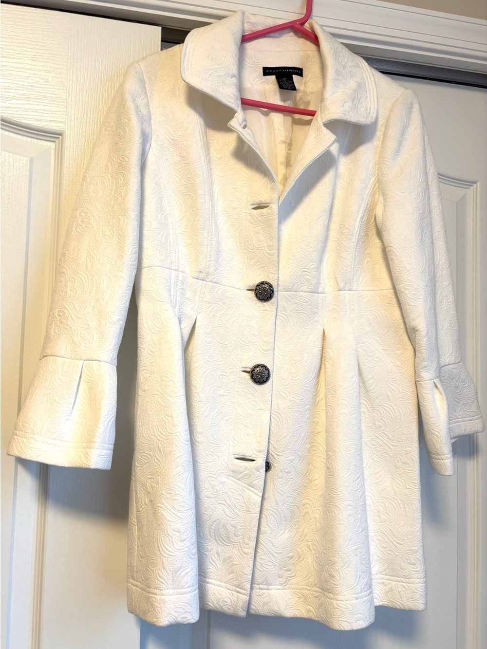 Grace Elements White Embossed Button-Front Trench Coat